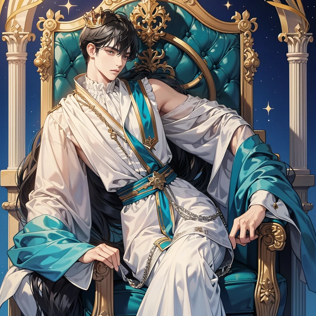 black hair, short hair, the king sits on a majestic throne inside a majestic palace with a crown. King of the sea, The environment around it is majestic. Throne with silver and precious stone details, and covered with silver cloth. The protagonist is dressed in royal clothes., the king&#39;s beautiful black and blue robe, with a determined expression on his face, when he looks at the horizon with glowing and piercing blue eyes, Sharp facial features, masterpiece, Best quality, Concept art in 8K resolution, Fantasy art, epic art, concept art wallpaper 4K, deep color, daylight. adult, Beautiful, tall guy, broad shoulders.