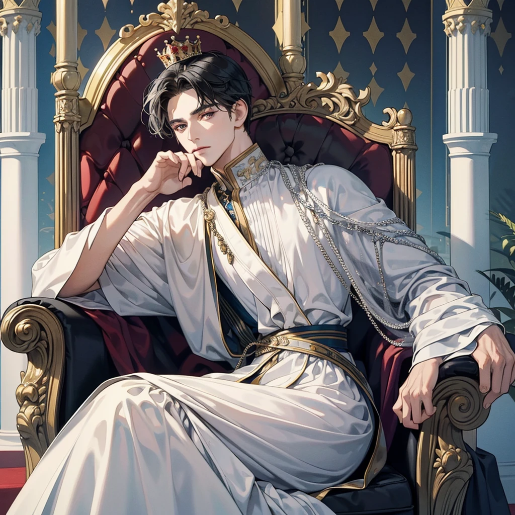 black hair, short hair, the king sits on a majestic throne inside a majestic palace with a crown. King of the sea, The environment around it is majestic. Throne with silver and precious stone details, and covered with silver cloth. The protagonist is dressed in royal clothes., the king's beautiful black and blue robe, with a determined expression on his face, when he looks at the horizon with glowing and piercing blue eyes, Sharp facial features, masterpiece, Best quality, Concept art in 8K resolution, Fantasy art, epic art, concept art wallpaper 4K, deep color, daylight. adult, Beautiful, tall guy, broad shoulders.