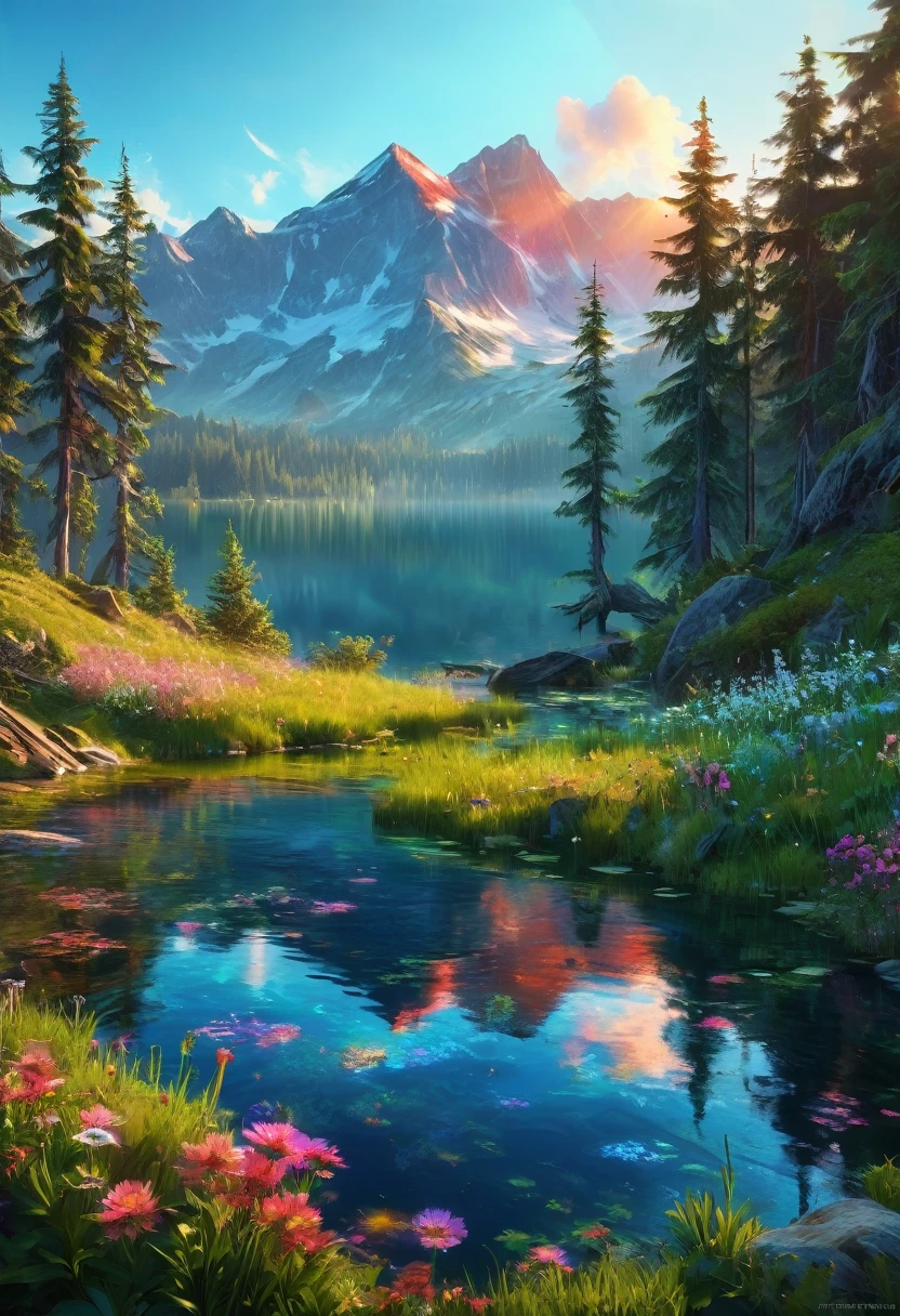 Hyper-realistic digital painting of a breathtaking mountain landscape at sunrise, with snow-capped peaks, a serene crystal-clear lake reflecting the vibrant colors of the dawn sky, lush green meadows dotted with wildflowers in the foreground, and a dense pine forest bordering the scene, cinematic composition, trending on ArtStation.