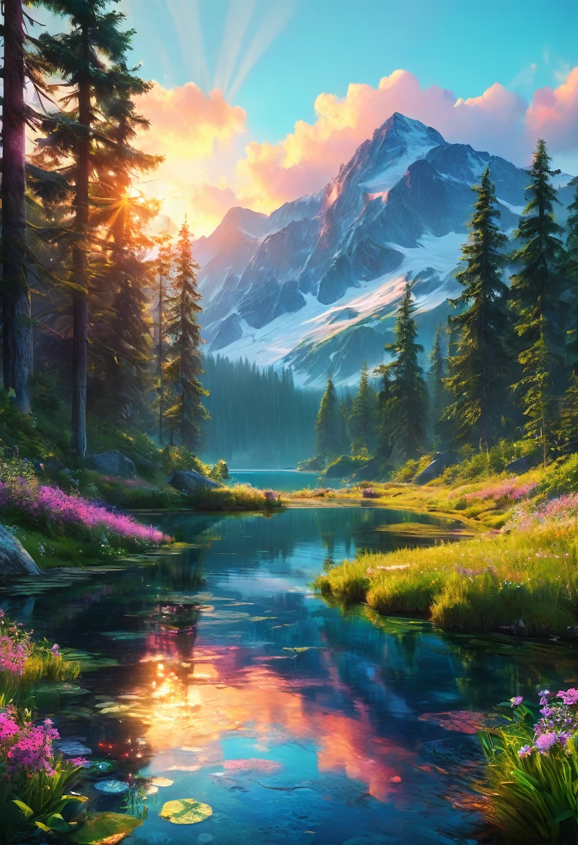 Hyper-realistic digital painting of a breathtaking mountain landscape at sunrise, with snow-capped peaks, a serene crystal-clear lake reflecting the vibrant colors of the dawn sky, lush green meadows dotted with wildflowers in the foreground, and a dense pine forest bordering the scene, cinematic composition, trending on ArtStation.