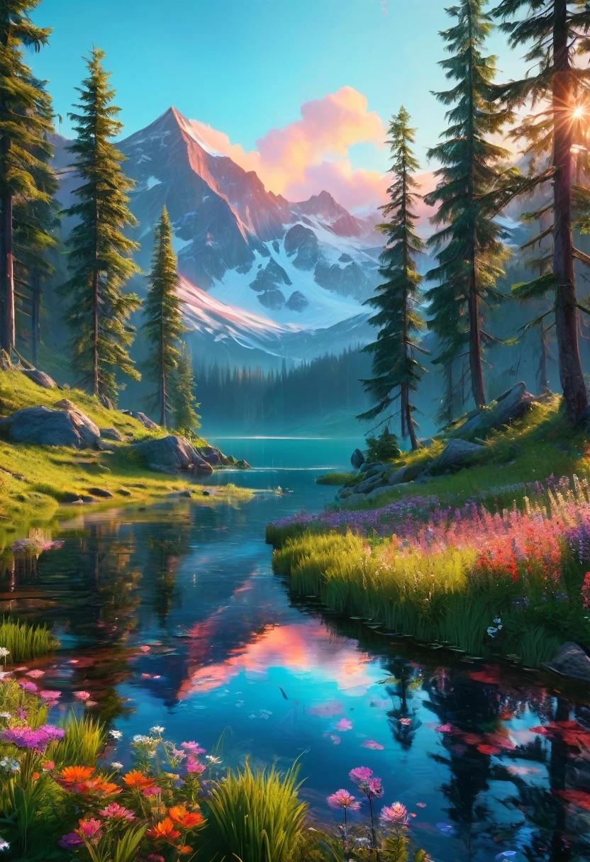 Hyper-realistic digital painting of a breathtaking mountain landscape at sunrise, with snow-capped peaks, a serene crystal-clear lake reflecting the vibrant colors of the dawn sky, lush green meadows dotted with wildflowers in the foreground, and a dense pine forest bordering the scene, cinematic composition, trending on ArtStation.