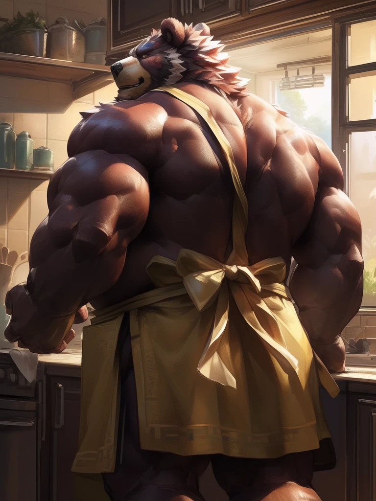 [lindong, lucusold], a man with a huge bear making a cholate, kitchen , ((muscular, belly)), apron, back view, thicc, danbooru and artstation, heavy detailed, insanely inflated hips, proportionally arms, commission for high res, detailed but rough, semirealistic:1.3