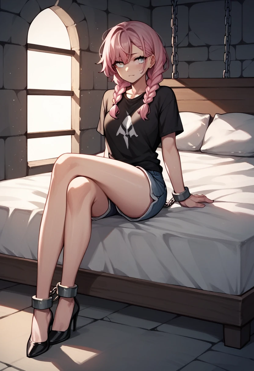 check_9, check_8_up, check_7_up, check_6_up, check_5_up, check_4_up, source_Anime, 1 girl,Bed, pink hair, braids, white eyes, WW chain, shackles, dirty hair, black shirt, shorts, Black high heels, night, dungeon, Best quality, better resolution, 4k uhd,