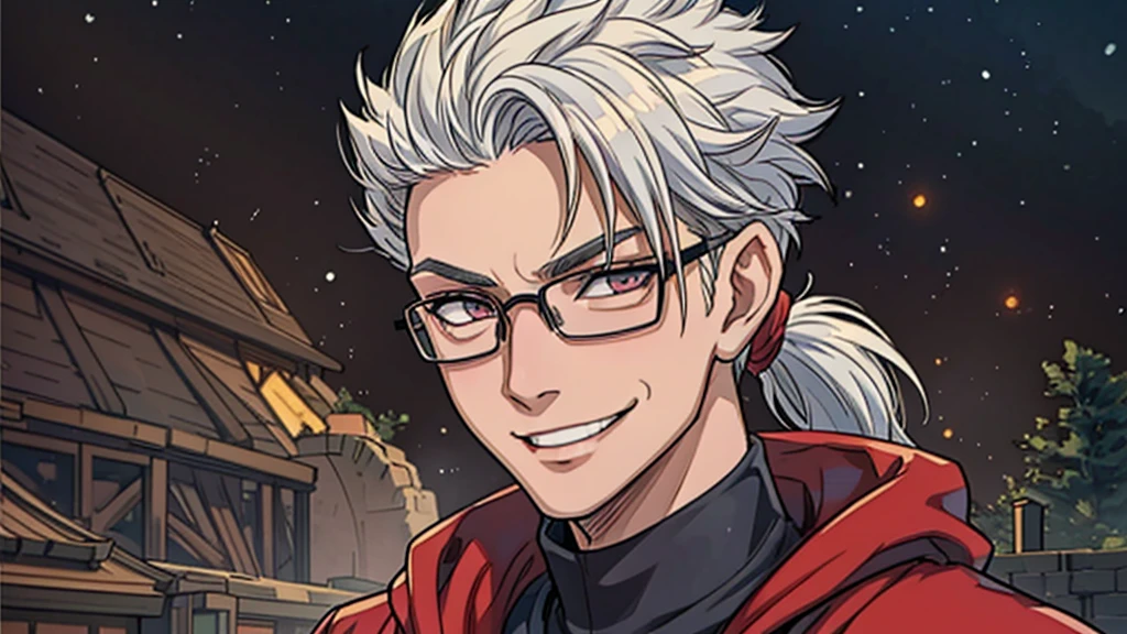 Perfect anatomy and highly detailed face, Delicate depiction of the eyes, Accurate drawing, Beautiful Hair, Detailed Background, Edgy, A drawing of a single male human, The subject is only men in their late 20s, Red hoodie and black pants, Warm, loose-fitting clothing, , A casual fashion style where you wrap your jacket around your waist, Tanned or deep brown skin, Her distinctive white or silver hair is tied in a short ponytail., He wears his distinctive trademark thick black-rimmed glasses., Mafia with a cynical smile, A Villain with a Very Deep Wound, A sarcastic man with a malicious smile, A young man with narrowed eyes smiling, I have inner loneliness, Deep down, I feel like life is hard, Jealousy and envy towards successful people, The insight and resignation that come from hard work and failure, Perverse Desperation,