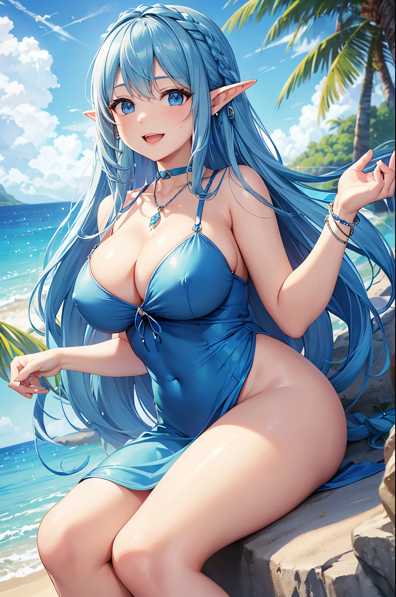 Highest quality、Highest quality、masterpiece、(8K resolution),beauty(Age 25)、(Mature Appearance)、Light blue long hair(Braiding of sides)、blue eyes、((Naked))、(Elf)、Big cleavage、((Big Breasts))、smile、blue necklace、Blue Earrings、background(Beach)、Please open your mouth wide、bracelet、Dynamic pose、Blue choker