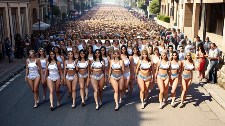 8k, top quality, finish: 1.2), (realistic, photo-realistic: 1.37), highly detailed, (1000 girls), This realistic image shows a large group of women wearing beige bikinis and tight country clothes, the viewpoint is seen from above walking between large buildings in Europe. The women in the picture are white and appear to have different ages and perfect body shapes. The atmosphere of this image looks like a parade or a special event involving many female participants. , breasts, beautiful eye details, (traditional dress: 1.1), ((sexy)), curvy body, (full body), standing, sexy,