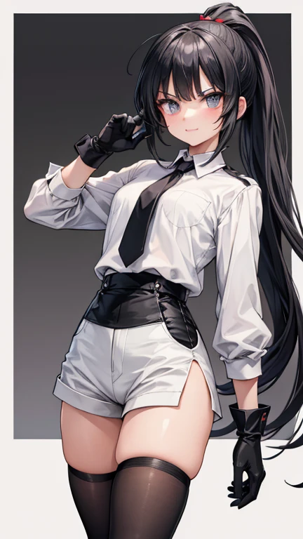 Adult features ponytail Slit eyes laugh at Glare frivolous attitude White shirt Black hot pants Black long gloves Black knee socks Standing with your legs apart grassland