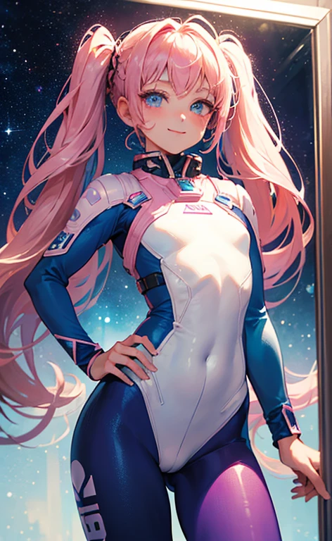 (masterpiece, top quality, very aesthetic, 4k、illustration), intricate detail, 1girl,leaning against a glass wall、(cowboy shot)、light smile、(sideburns)、
Cute 、pink hair、twintails,middle hair,sidelock ,high ,blue eyes、Space suit, tights suit、small breasts,Slim 、anime,niji