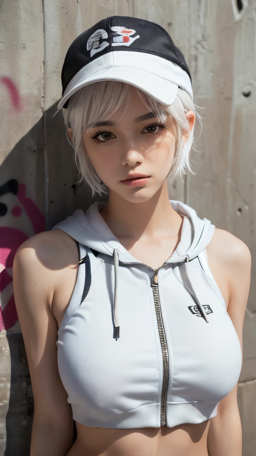 masterpiece, Highest quality, Very detailed, 8K, Realistic, One Girl, alone, Tomboy, Very detailed face, (head shot:1.5), Standing in front of a wall covered in hip hop graffiti, Pixie cut white hair, He is wearing a short tank top and an open-zipped hoodie..,I can see your chest,Nice ass,Wear a New Era cap