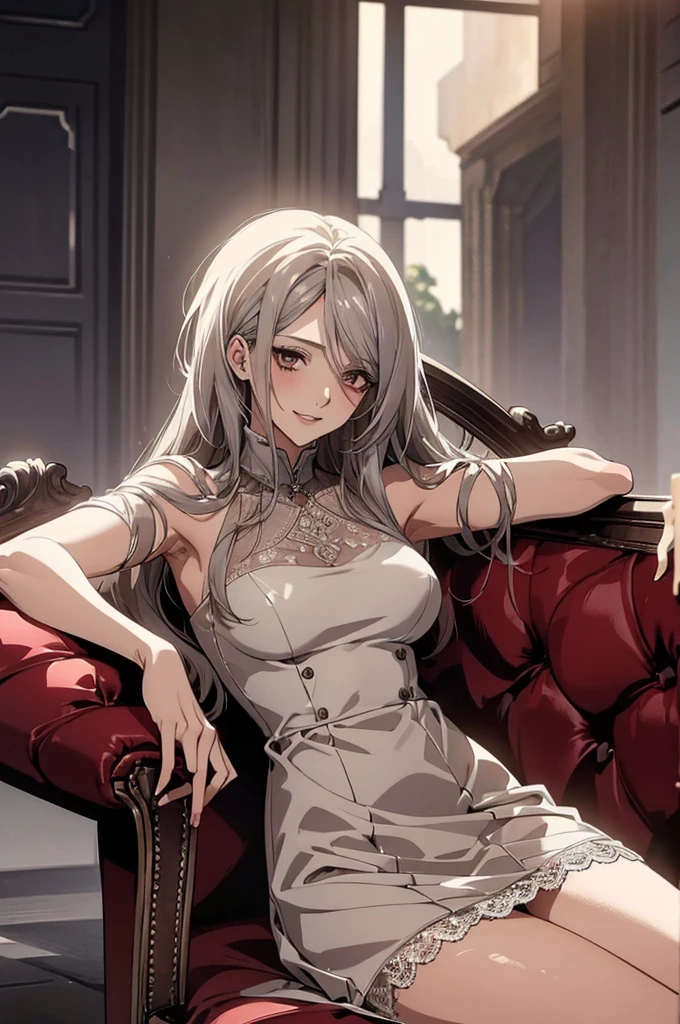 (Highest quality, High resolution, Very detailed), 1 female, Silver Hair, Long Hair, Reddish brown eyes, micro mini lace dress, Nude, pussy, vaginale, ((pussy juice)), secretary, 24th generation, Beautiful woman, mature, quiet, Calm, Large Breasts, A small smile, sofa, sitting, spread legs,