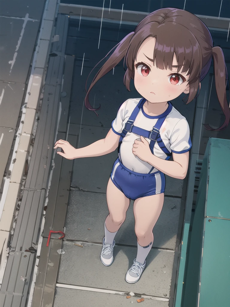 Outdoor,night,Steel building under construction,rain,Red eyes,Long twin tails,Brown Hair,Eyebrows visible through hair,Flat Chest,{{{{Red harness}}}},Grab the thick brown rope from the sky,A view from above,Watching the audience,White square bib number,Gym suit,Blue Bloomers,,,Focus on face,Straight face 