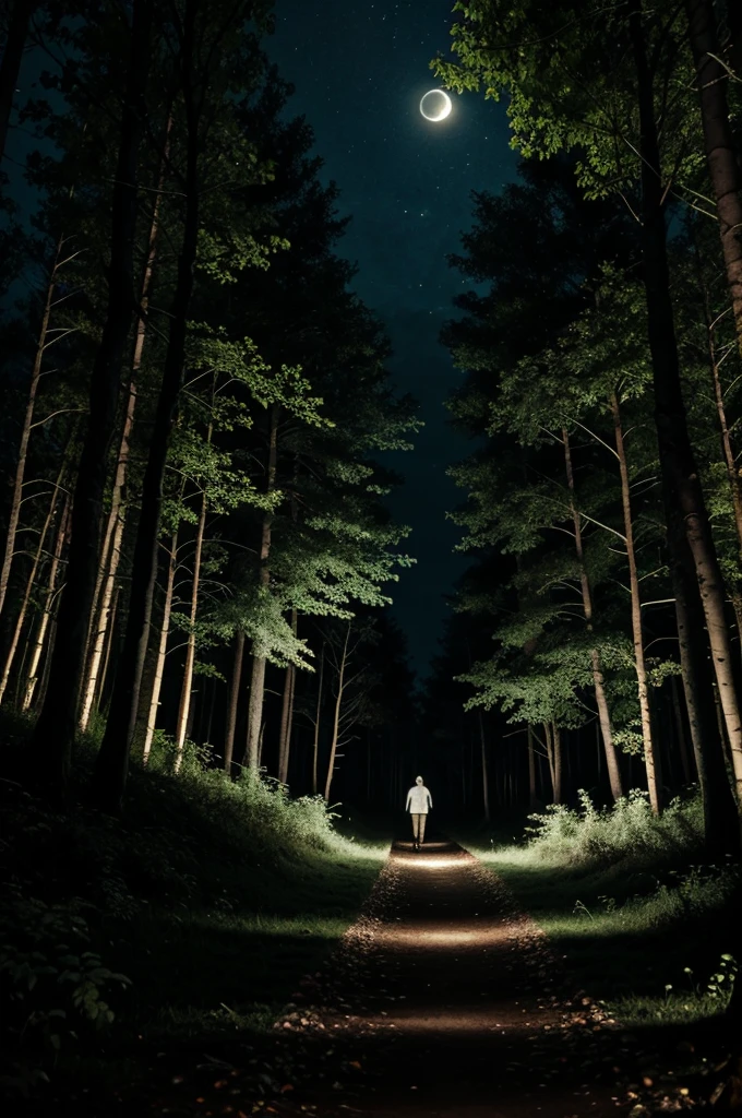 Night time and 7 people 4 man and 3 women looking the Forest which looks dangerous and creepy