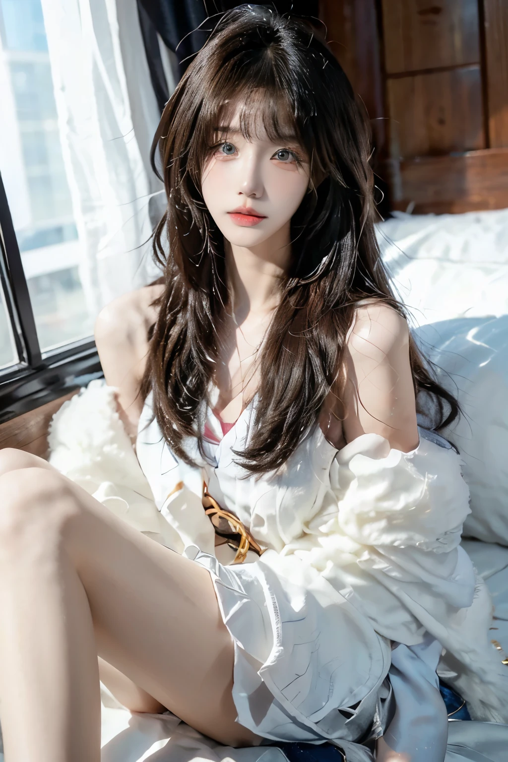 Beautiful woman with perfect body:1.4,Layered Hairstyle,Highly detailed face and skin textures,Double eyelids,Skin Whitening,Long hair,Whitened long legs,Half-length photo