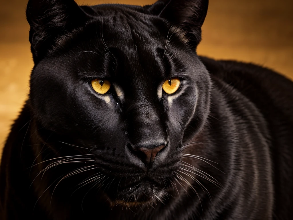 only traces of an animal black panther only face profile, very aggressive, golden eyes black background without lighting