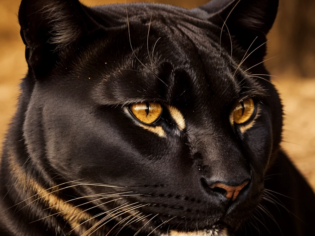 only traces of an animal black panther only face profile, very aggressive, golden eyes black background without lighting