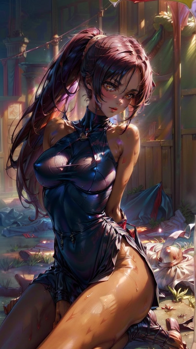(masterpiece), Highest quality, (((Dark skinned women))), (((Dark Skin))), (White cloth), Elbow hand pockets, Bare shoulders, clavicle, Yellow Eyes, Purple Hair, Long Hair,,Yoruichi、(((Sweating with aphrodisiac、Sweat makes the fabric transparent and your skin is visible through it,The aphrodisiac circulates throughout the body、Have patience、On the brink of climax、Constraints、ロープによるConstraints、Constraints、Kneel,Hands tied behind back、Chained with an iron collar)))