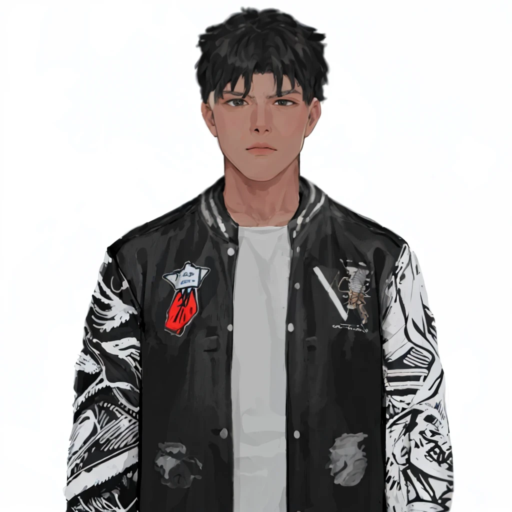 (masterpiece:1.2, best quality), (1men, solo, upper body:1.2),flat face,Hair: buzz cut,Clothing: oversized, distressed denim jacket with patches and pins, paired with black skinny jeans and combat boots, Hanging out in an underground music venue or street art exhibit