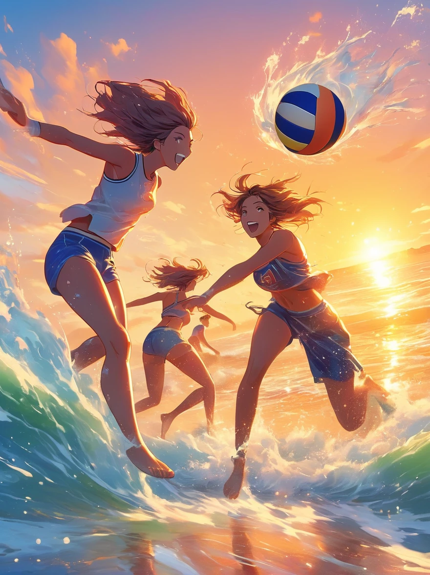 thin outlines, anime style, cool and edgy, A group of friends at a beach, playing volleyball and splashing in the waves, the sun setting in the background casting a golden glow over the scene. Joyful, vibrant colors, dynamic composition, warm lighting, fashionable, posing, colorful, confident, expression, accessory, coiled, around, stylish, striking, modern, fashion