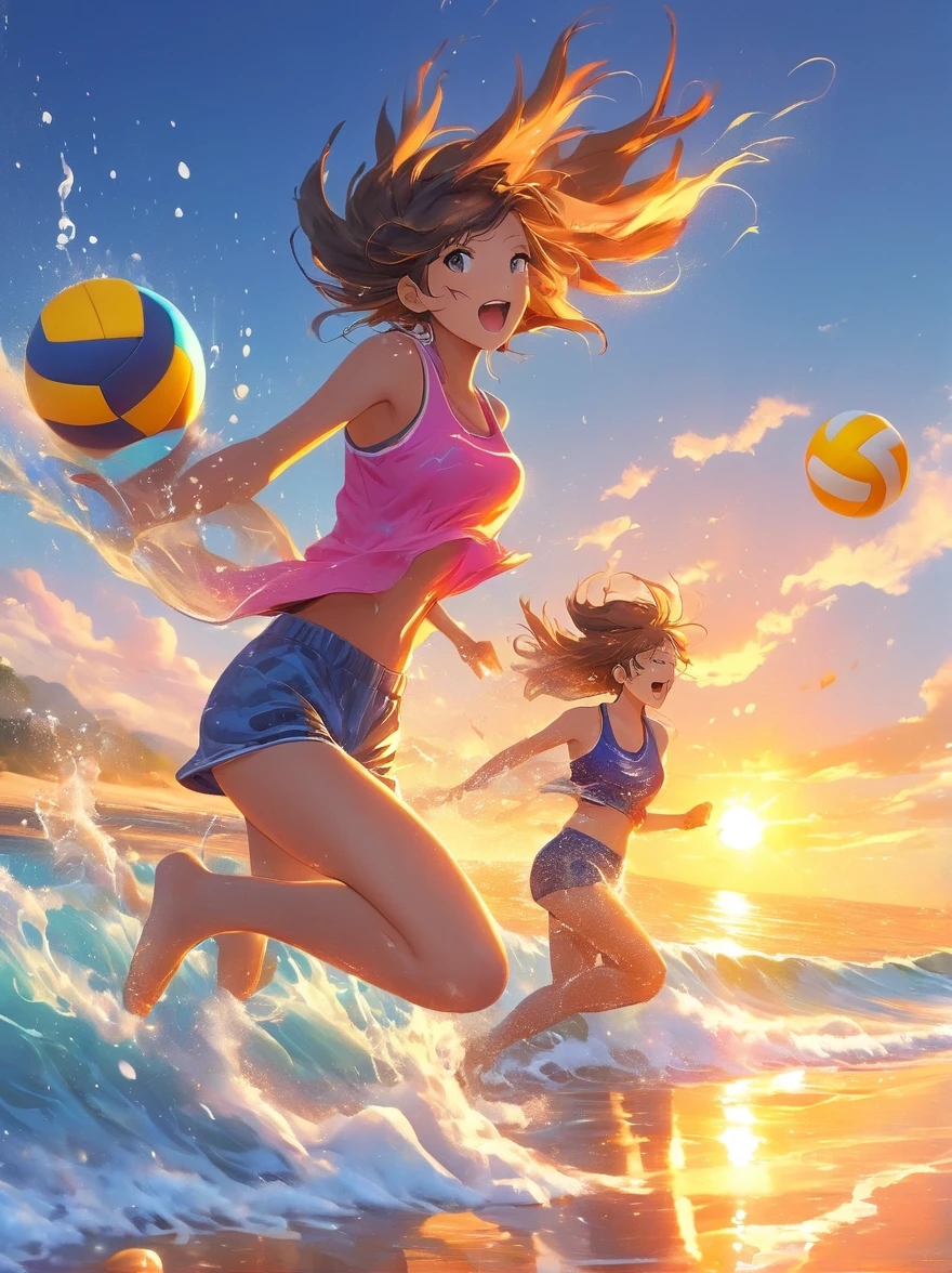 thin outlines, anime style, cool and edgy, A group of friends at a beach, playing volleyball and splashing in the waves, the sun setting in the background casting a golden glow over the scene. Joyful, vibrant colors, dynamic composition, warm lighting, fashionable, posing, colorful, confident, expression, accessory, coiled, around, stylish, striking, modern, fashion