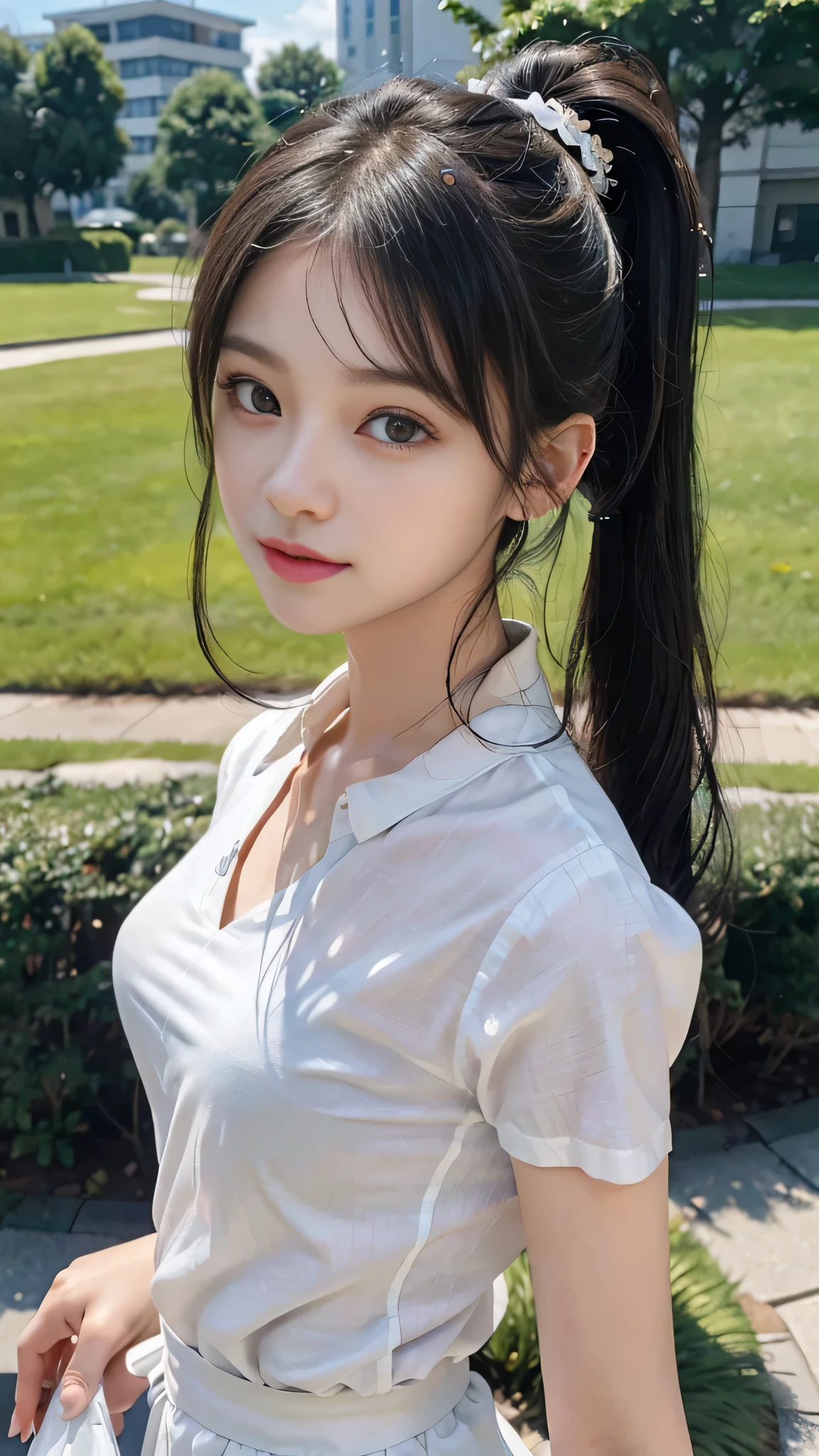 collared dress,european city park,On the lawn,One woman,masutepiece, The highest image quality, High quality, the background is clear,Beautiful woman, Japanese,Ultra-detailed, finely detail, hight resolution, 8K Wallpaper, Perfect dynamic composition, Beautiful detailed eyes , Detailed, Detailed eyes, Detailed skin, Beautiful skin, 超hight resolution, (reality: 1.4),Very beautiful woman, Slightly younger face, Beautiful skin, slender, (Ultra photo realsisim), (hight resolution), (8K), (Very detailed) (beautifully detailed eyes), (super detailed), (Detailed face), view the viewer, Fine details, Detailed face, Staring straight ahead, Staring straight ahead, photos realistic, Bright lighting, Professional Lighting, Black hair,poneyTail,a baby face,sixteen years old,Hairstyle: ponytail,Long ponytail hairstyle,slight smile,neat and tidy clothing,Beautiful Japanese KPOP idol photo, hair style is ponytail, my eyes are double and wide, baby face, smile and look straight ahead, slender, small breasts,Close up face,