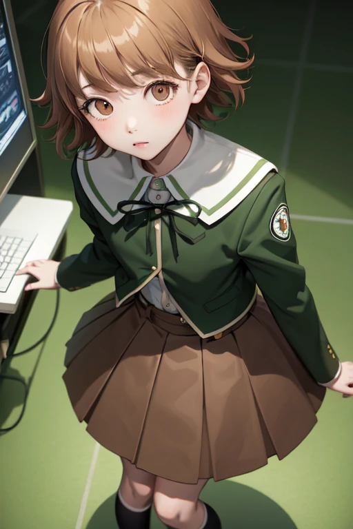 masterpiece, best quality, Chiho Fujisaki, Son of a Man, Green jacket, Ribbon, Brown Skirt, Knee-length, Upper Body, Looking at the audience, from above, Shy, computer lab 