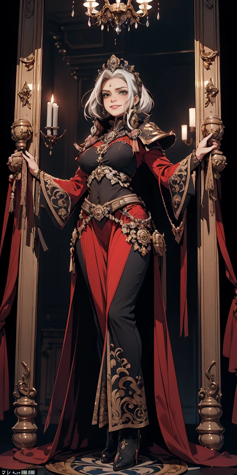 Setting: Royal bedroom - Grand, opulent, with rich fabrics and tapestries Character: Appearance: White hair - Short, styled in a sharp bob Full figure - Curvaceous Attire: High boots - Leather, reaching up the calves Elegant outfit - Befitting the royal setting (consider a dress, gown, or ensemble) Red tattoo - Delicate design on the navel Face - A confident smirk plays on her lips, eyes sparkling with amusement Pose: Full body - Standing tall Hands - Resting on hips in a commanding posture Additional details: (add to the background a four-poster bed, a plush rug, ornate furniture)