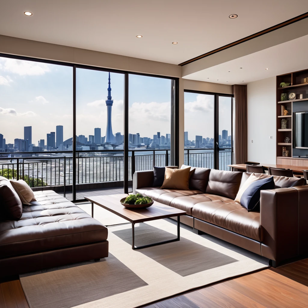 Design an elegant and contemporary living room。. With the city of Yokohama in the background。Make sure the space has plenty of natural light, bright, Airy, And a cozy atmosphere I want to see what the house looks like from the outside.。Two-storey Parking available Appearance is black to dark brown