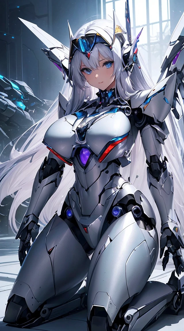 (Sit on one knee on the machine:1.6)、(Full body description:1.3)、((Shining lenses on both breasts:1.3))、((Blue pillars of light are emanating from both chests.:1.3))、smile、((8K)), ((32k)), ((Highest quality)), ((masterpiece)), ((超A high resolution)), ((Tmasterpiece)), ((Halation:1.4))、((Mechaニカルheadgear:1.2))、((Cyber Headphones:1.3))、Fine skin, High quality fabric, Fine metal texture、((Beautiful and dense face))、RAW Photos、Professional, Ultra-fine painting, ((alone)), Beautiful breasts、Highest quality, Very detailed, Very detailed詳細, Finer details, so beautiful, ((Princess Knight Robot:1.2)), (Joints of machines, Mechanical Limbs:1.3), (The internal structure of the machine is exposed:1.3), (Long silver hair:1.1), (Beautiful and huge mechanical breasts)、White Veil, cowboy_shot, Side Focus, headgear, Shiny、(Five Fingers, Four fingers and thumb),Concept Art, Anime fantasy artwork, Detailed fantasy art, (with pale blue-violet hair and large white wings,,,,,,,), (((Long silver hair))), (Mecha:1.6)、Sleek and intimidating design, ((Commander-in-Chief'arm)), (Perfect robot body)、純白と青紫armまたは, Symmetrical wings, 8K high quality, detailed art, 3D rendering of character art in 8K, neat legs, Defined, Defined fingers,