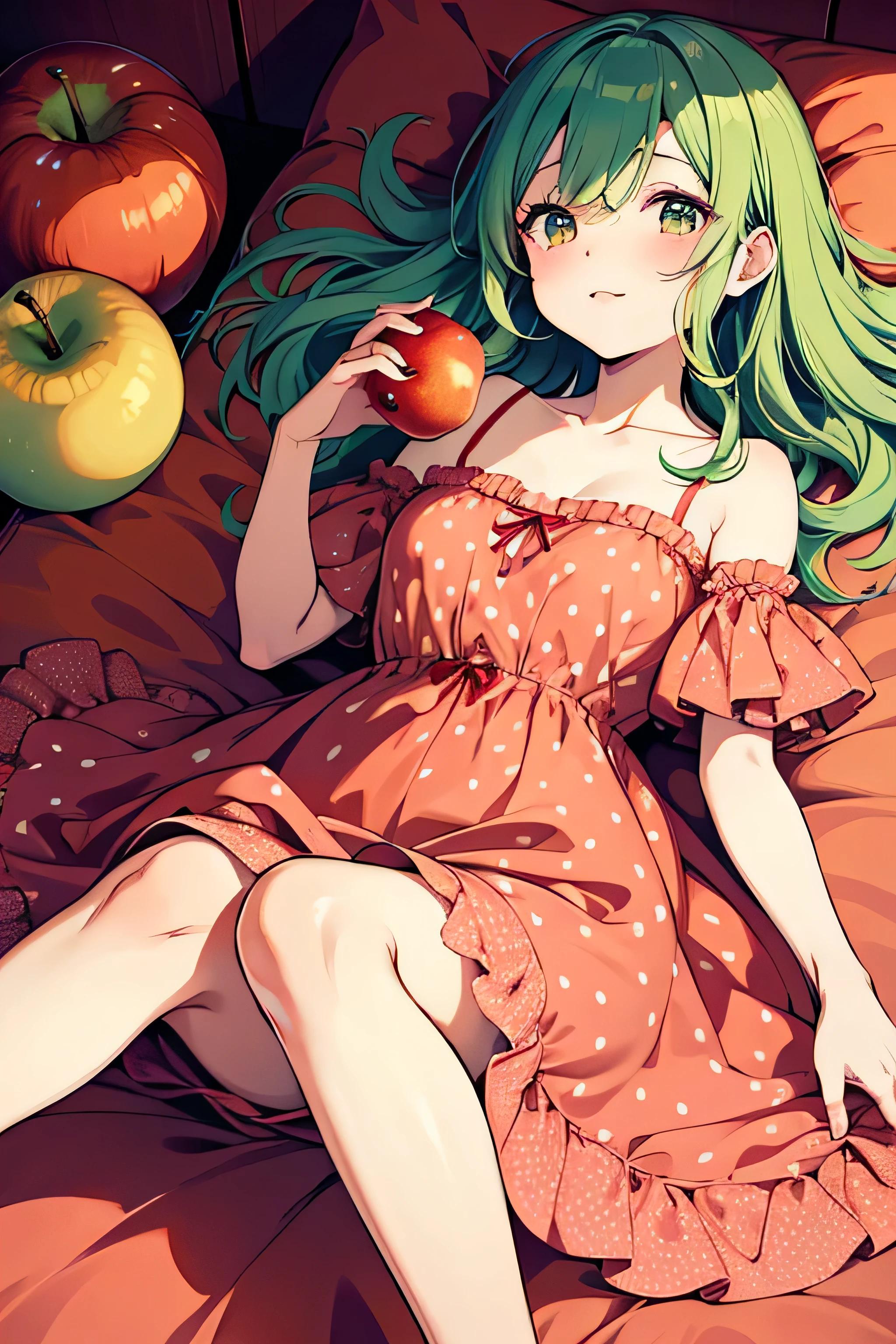 Bright red polka dot background Anime girl in a pink dress eating an apple while lying on the bed、Ololi in a dress、Aya Takano in a dress with color style、Color Comics、Colored cartoon、Fubuki、Color Comicsアート、Hatsune Miku The green hair is a little more beautiful