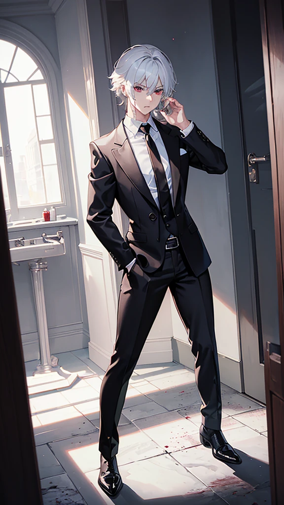masterpiece, best quality,White shirt,Black tie,Black tight dress pants,Solitary,male,White hair,Red pupils,Hips,Vomiting blood,Fell in a pool of blood,Bathroom Background,Hold a pistol in hand,Turn around,Look Back