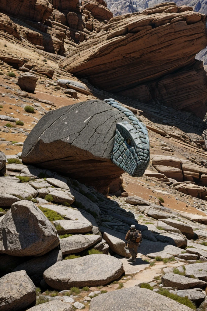 Create a photorealistic representation of a creature made entirely of rock and mineral, embarking on a dangerous journey through a rugged landscape. The creature must possess a determined expression and carry a worn patch or scroll containing news crucial to its fate.. Its rocky shape should blend perfectly with the surrounding terrain, showing your connection to the natural world. Emphasizes the creature&#39;s unbreakable spirit as it travels treacherous paths, determined to deliver her message amidst the elements.