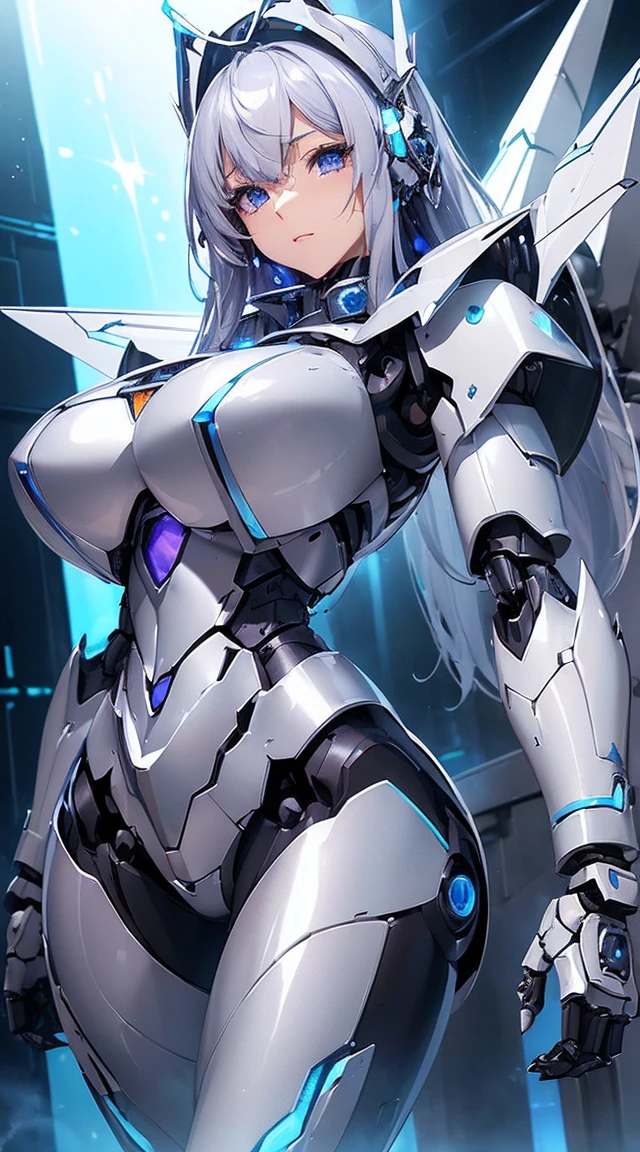 ((Intense action pose:1.6))、((Shining lenses on both breasts:1.3))、((Blue pillars of light are emanating from both chests.:1.3))、smile、((8K)), ((32k)), ((Highest quality)), ((masterpiece)), ((超A high resolution)), ((Tmasterpiece)), ((Halation:1.4))、((Mechaニカルheadgear:1.2))、((Cyber Headphones:1.3))、Fine skin, High quality fabric, Fine metal texture、((Beautiful and dense face))、RAW Photos、Professional, Ultra-fine painting, ((alone)), Beautiful breasts、Highest quality, Very detailed, Very detailed詳細, Finer details, so beautiful, ((Princess Knight Robot:1.2)), (Joints of machines, Mechanical Limbs:1.3), (The internal structure of the machine is exposed:1.3), (Long silver hair:1.1), (Beautiful and huge mechanical breasts)、White Veil, cowboy_shot, Side Focus, headgear, Shiny、(Five Fingers, Four fingers and thumb),Concept Art, Anime fantasy artwork, Detailed fantasy art, (with pale blue-violet hair and large white wings,,,,,,,), (((Long silver hair))), (Mecha:1.6)、Sleek and intimidating design, ((Commander-in-Chief'arm)), (Perfect robot body)、純白と青紫armまたは, Symmetrical wings, 8K high quality, detailed art, 3D rendering of character art in 8K, neat legs, Defined, Defined fingers,