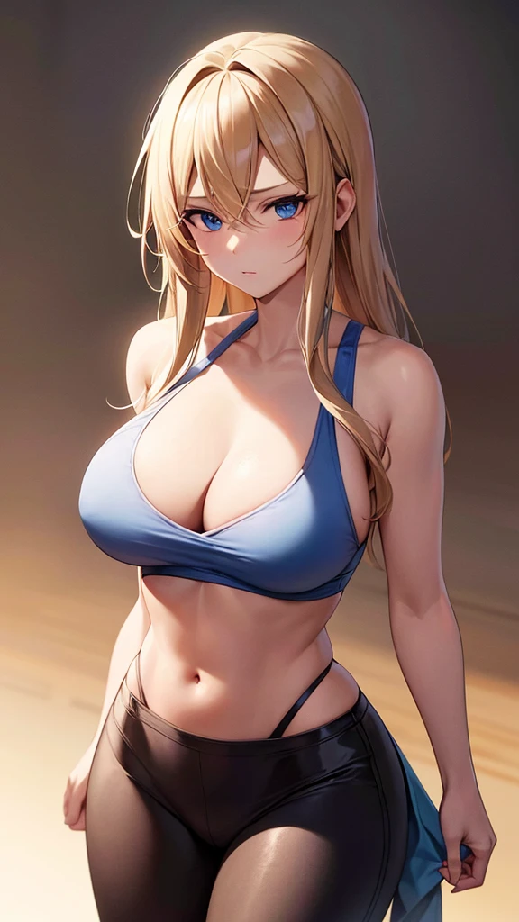 Blond hair, blue eyes, straight hair, forehead showing, combed back hair, hair band, rich, properly dressed, crack in chests, cleavages, ager, big chests, cleavages, sports bra, bra, shoulder straps, sleeveless, leggings, gym, midriff, ultra-detailed, absurdres, unreal engine, masterpiece, best quality, beautiful eyes, volumetric lighting, silky_hair), best quality, ultra-detailed, solo, looking at viewer, highres, 8k wallpaper, extremely detailed, smooth lighting, 8k, depth of field, masterpiece, cinematic lighting,