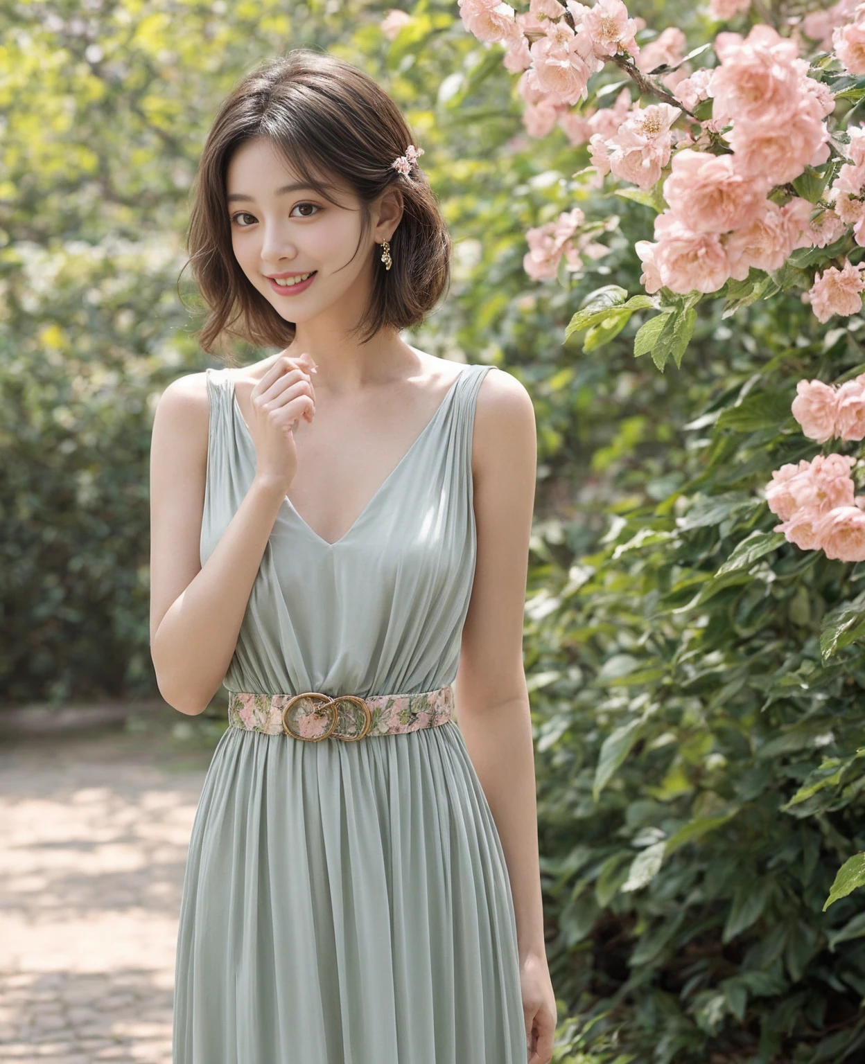 limited detailed accurately all things, focusing on (J-actress): 1.1 in two solo shots with high-quality and an official, dim focus. Utilize a panoramic view and apply a cinematic movie light effect for enhanced drama. Ensure anatomical accuracy, detailing the model's hand with four fingers and one thumb. Highlight elegant and clean attire that complements the model's perfect body shape, emphasizing soft curves and a natural smile. Showcase the model's large, deep brown eyes and mouth, along with her beautiful medium bob hairstyle and clean, flawless skin. Capture a cute, sexy, and elegant facial expression, adding dynamism with varied angles for visual engagement and warmth. , 😚, Deep Gratitude - Older Sister-type Gravure Idol at WorkElegant and sophisticated attire, flowing maxi dress with delicate floral patterns and a waist belt.Soft pastel shades of blush pink and ivory with hints of sage green.The dress exudes grace and gratitude, perfect for expressing heartfelt emotions.Soft focus shot from a slight angle to capture the serene beauty of gratitude.Standing in a peaceful garden, hands gently clasped in front, serene smile, hair styled in soft waves.Lush garden setting with blooming flowers and dappled sunlight filtering through trees.Minimal accessories, natural makeup enhancing soft features.Morning for soft, golden light.., 💓, a little small light brown moles, seductive natural smile. Absolutely 1 person