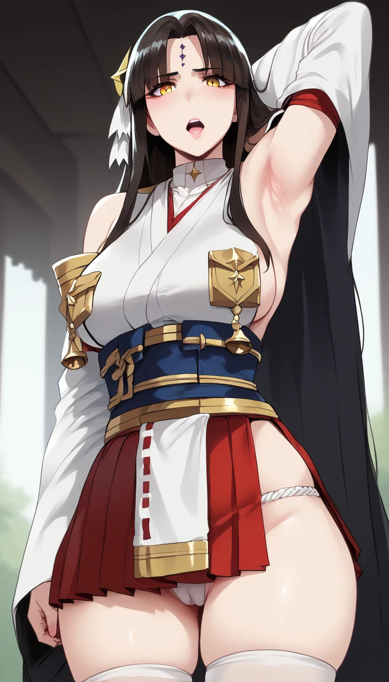 (hews art style:0.7), score_9, score_8_up, score_7_up, score_6_up, uncensored, michiko tanaka, black hair, long hair, forehead mark, parted bangs, yellow eyes, BREAK (masterpiece:1.2), best quality, high resolution,(detailed eyes:1.3), perfect lighting, (perfect hands, perfect anatomy), hearts, pleasured, medium breasts, sagging breasts, 1girl, breasts, thighhighs, solo, skirt, breast curtains, bell, open mouth, thighs, detached sleeves, thick thighs, looking at viewer, white thighhighs, arm up, panties, red skirt, armpits, underwear, japanese clothes, white panties, outdoors, cameltoe, miko, arm behind head, pleated skirt, nontraditional miko, revealing clothes, curvy, standing