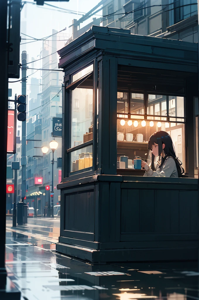 Lo-Fi Girl drinking coffee in café Slow Tempo Rainy Town window Neon Town
