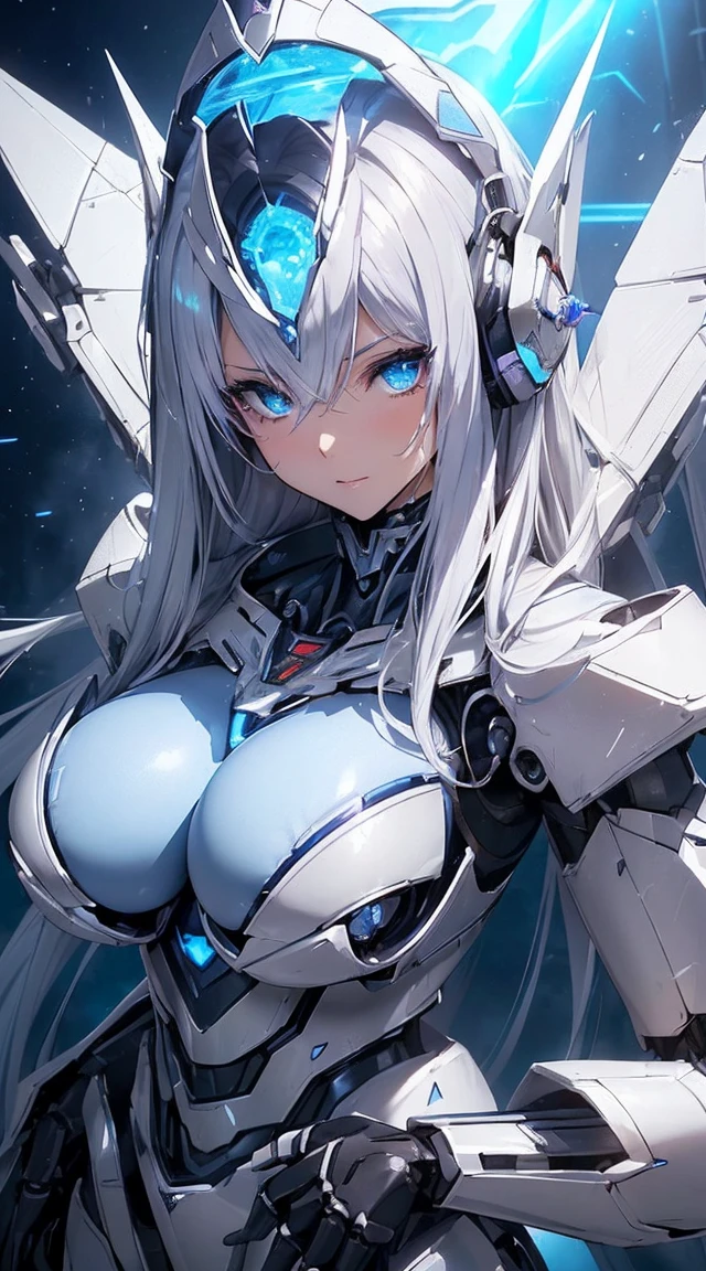 ((Extreme close up:1.6))、(((Lenses shining on both breasts:1.3)))、((A blue pillar of light emanates from both of his chests..:1.3))、break、(((Dynamic pose:1.8)))、smile、((8K)), ((32k)), ((Highest quality)), ((masterpiece)), ((超A high resolution)), ((Tmasterpiece)), ((Halation:1.4))、((Mechaニカルheadgear:1.2))、((Cyber Headphones:1.3))Fine skin, High quality fabric, High-quality metal texture、((Beautiful and dense face))、RAW Photos、Professional, Ultra-fine painting, ((alone)), Beautiful breasts、Highest quality, Very detailed, Very detailed詳細, Finer details, so beautiful, ((Princess Knight Robot:1.2)),  (Joint of the machine, Mechanical Limbs:1.3), (The internal structure of the machine is exposed:1.3), (Long silver hair:1.1), (Beautiful and huge mechanical breasts)、White Veil, cowboy_shot, Side Focus, headgear, Shiny、(Five Fingers, Four fingers and thumb),Concept Art, Anime fantasy artwork, Detailed fantasy art, (with pale blue-violet hair and large white wings,,,,,,,,), (((Long silver hair))), (Mecha:1.6)、Sleek and intimidating design, ((Commander-in-Chief&#39;arm)), (Perfect robot body)、純白と青紫のarmまたは, Symmetrical wings, 8K High Resolution, Detailed Art, 3D rendering of character art in 8K, neat legs, Defined, Defined fingers,((headshot:1.3))