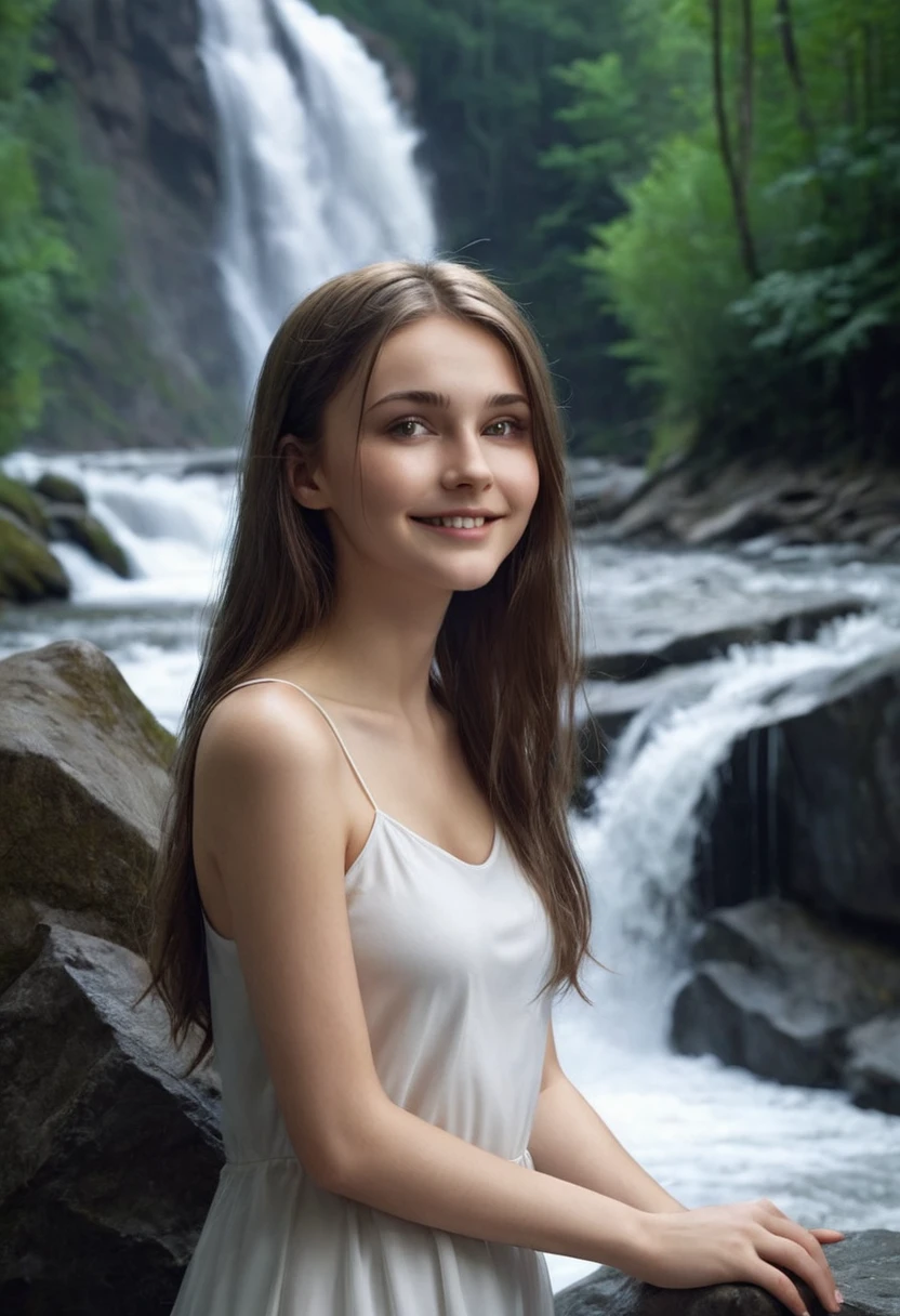 cinematic, women, (solo:1.3), slender, 20 year old, 175 cm tall, realistic, Russia, brown hair, volumetric lighting, extremely dynamic pose, (smiling:1.1), waterfall.