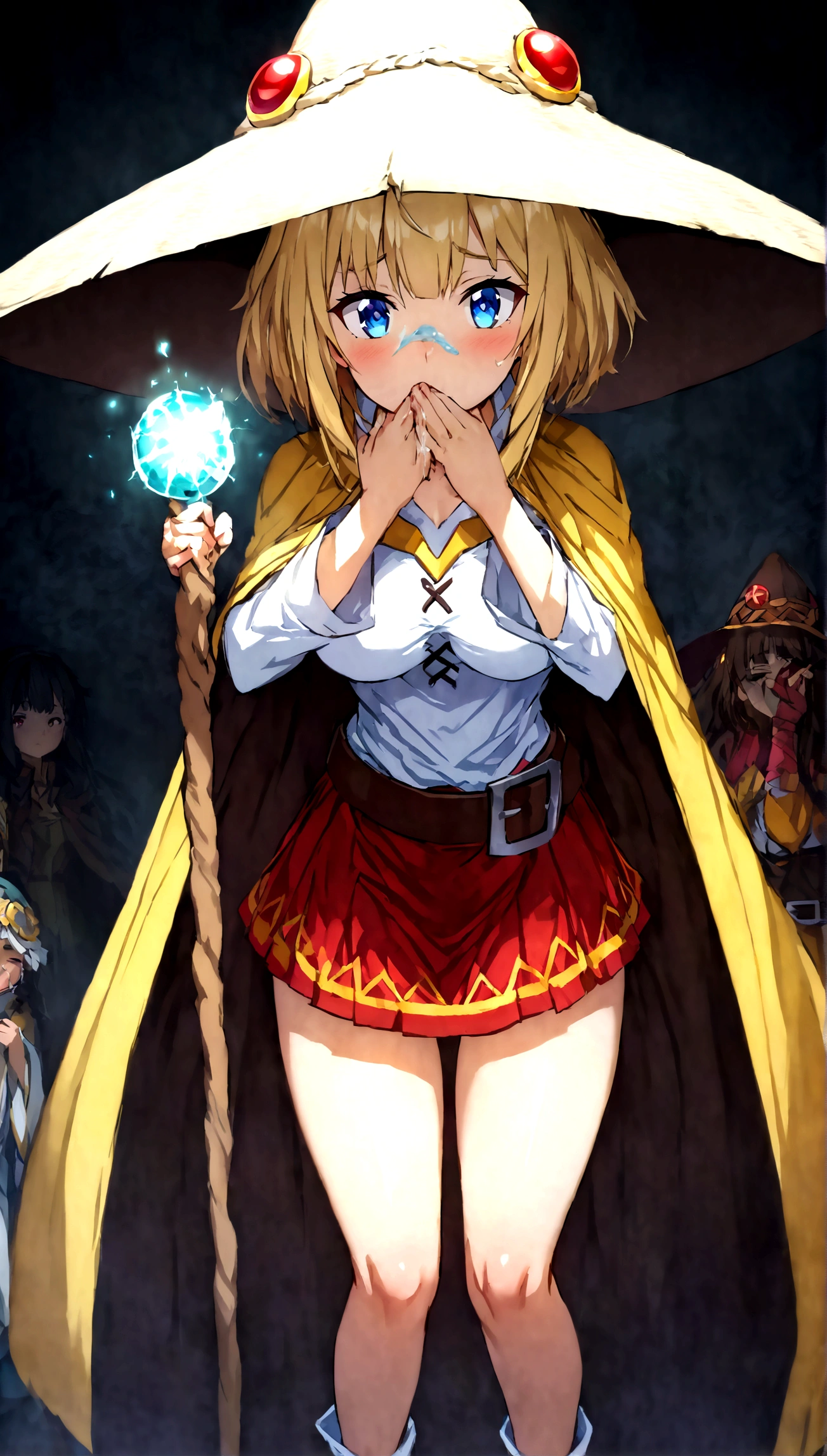 Anime. Kono Subarashii Sekai ni Shukufuku wo. Megumin. 1 girl. Cutie. Enchantress. Mag. Blonde. Long hair. Hair ornament. Blue eyes. Beautiful eyes. Perfect eyes. Expressive eyes. Ideal face. Face about to sneeze
Sneezing face. Beautiful nose. Snotty nose. After sneezing, long snot hangs from the nose.  years. Big breasts. Beautiful breasts. She is ill. She has a cold. She has allergies. She has a runny nose. Nasal mucus. She has snot. She wants to sneeze. She needs to sneeze. She has a strong, desperate urge to sneeze. She sneezes. She sneezes. Splashes of snot fly to the sides. Snot flows from the nose. She has urinary incontinence. She wants to pee. She needs to pee.
She has a strong, desperate urge to pee. Iskkay. Fantasy. City. Street. Many people. Ideal anatomical body. Hand on crotch. Squeezes the perineum tightly. Rubs the crotch. The knees are all different, the feet are different. The girl can't stand straight. Pointed, wide-brimmed magic hat. Magic staff. Casts mortification. White linen blouse. Skirt. Shoes. Cloak. Full height. Beautiful character design. Shiny skin. Whole body. NFS. Official art. Extremely detailed CG Unity 8k wallpaper. Ideal lighting. Ultra high resolution 4K. Super detailed 8K. A high resolution.