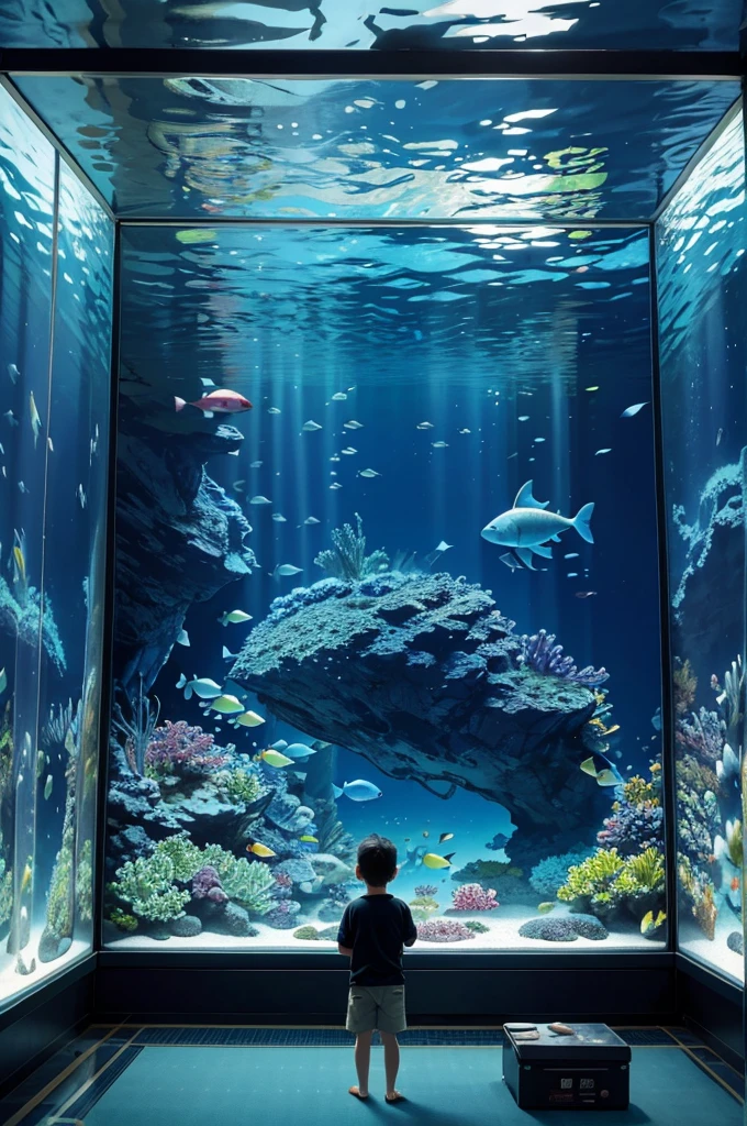 Very large space, the entire wall is covered with illustrations of underwater scenes with marine life swimming, children operating the touch panel of the monitor, children who look like they are having fun, chasing fish on the wall, indoors, sketch aquarium, teamLab