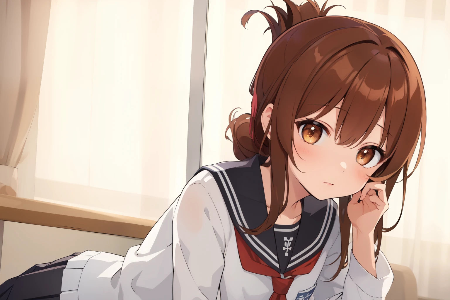 (masterpiece, best quality:1.2),illustration,8k,hd,1girl,solo,upper body,(portrait:1.2),brown_hair,folded_ponytail,brown_eyes,serafuku,long_hair,school_uniform,skirt,pleated_skirt,