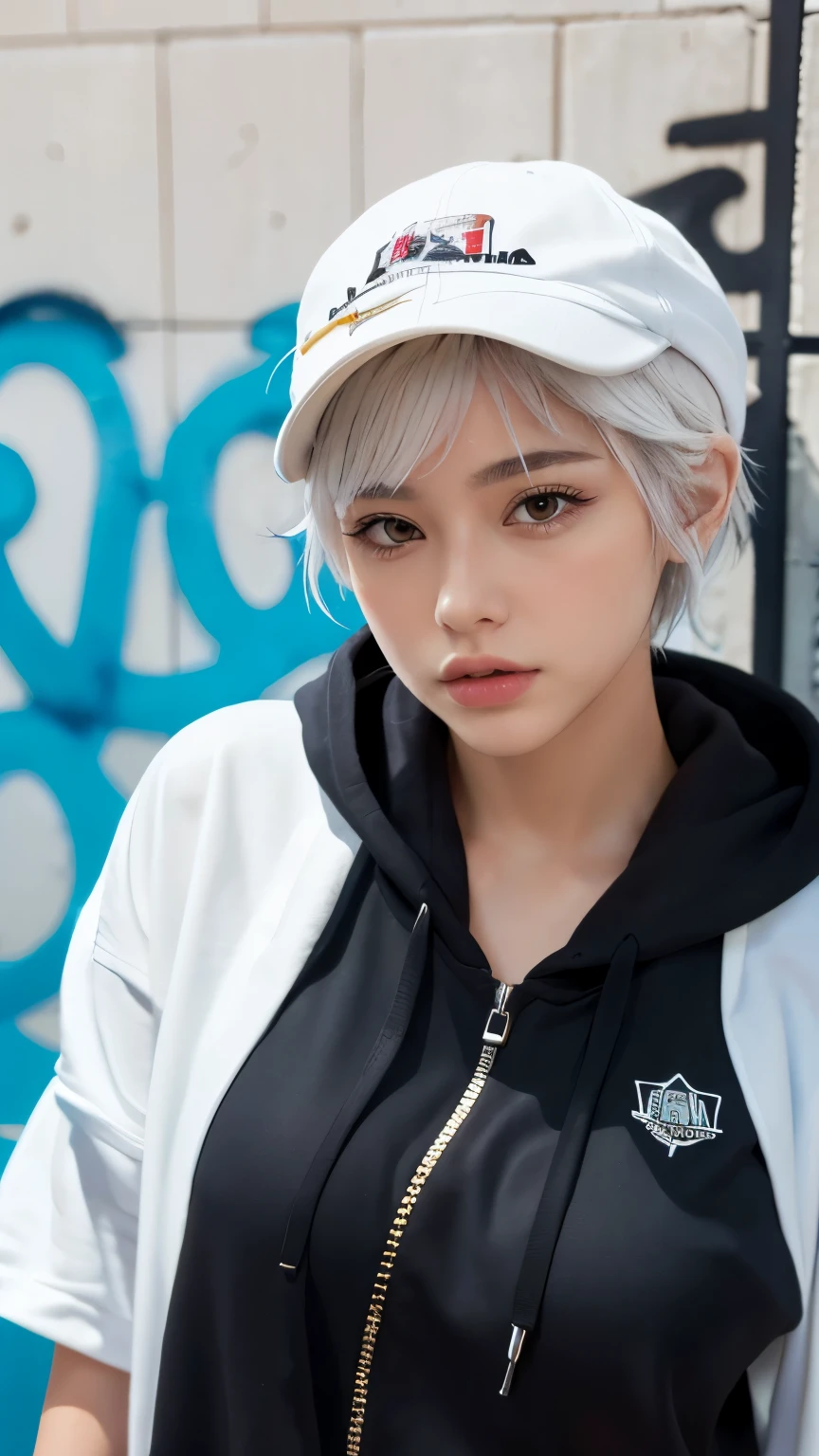 masterpiece, Highest quality, Very detailed, 8K, Realistic, One Girl, alone, Tomboy, Very detailed face, (head shot:1.5), Standing in front of a wall covered in hip hop graffiti, Pixie cut white hair, He is wearing a short tank top and an open-zipped hoodie..,I can see your chest,Nice ass,Wear a New Era cap,Facing forward