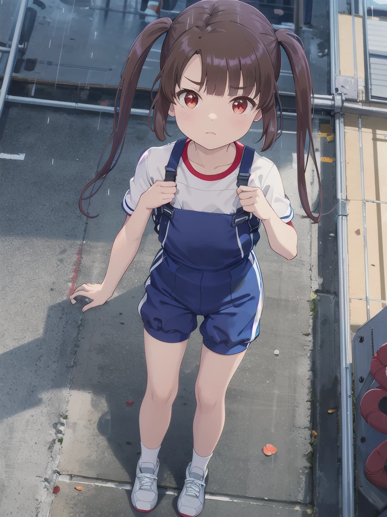 Outdoor,night,Steel building under construction,Grab the thick brown rope from the sky,rain,Red eyes,Long twin tails,Brown Hair,Eyebrows visible through hair,Flat Chest,{{{{Red harness}}}},A view from above,Watching the audience,White square bib number,Gym suit,Blue Bloomers,,,Focus on face,Straight face 
