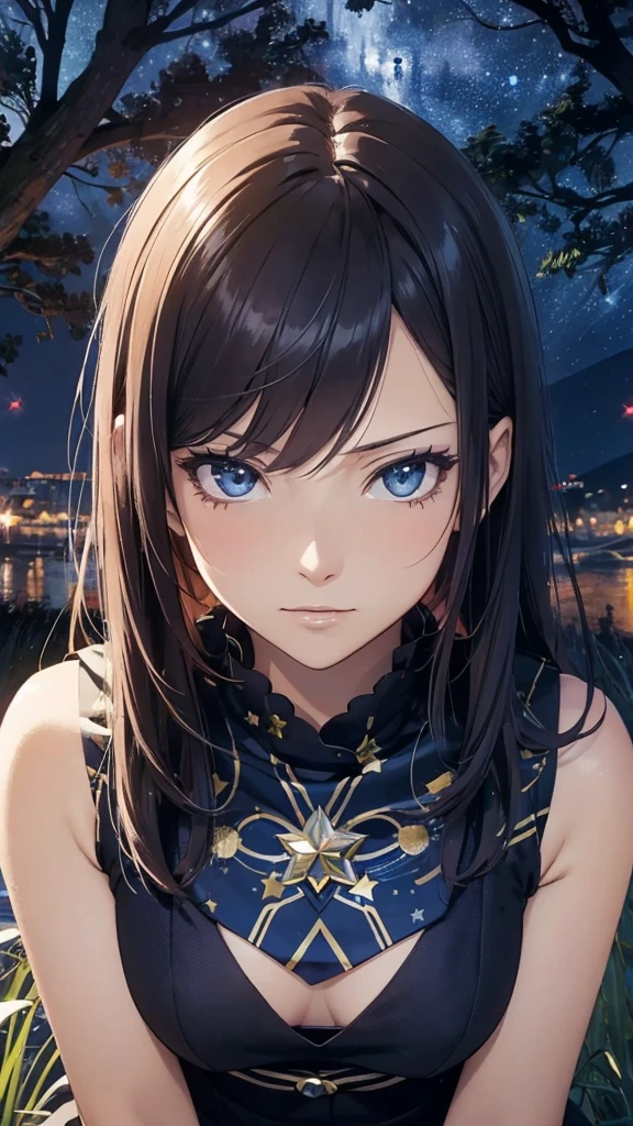 (masutepiece: 1.3), (max resolution: 1.2), (Ultra HDTV: 1.2), cinematric light, 8K resolution, Detailed hair strands and skin, detailed facial features, (Starry Night: 1.2), (night scenery: 1.2), (Solo in the Night: 1.2), Perfection in Depth, Beautiful girl, accurate, Anatomically correct, Highly detailed hair and skin texture, Detailed eyes, Long lashes, Tousled locks, (Silhouette of the City: 1.2), Sitting under a tree, (Octans' Sky:
