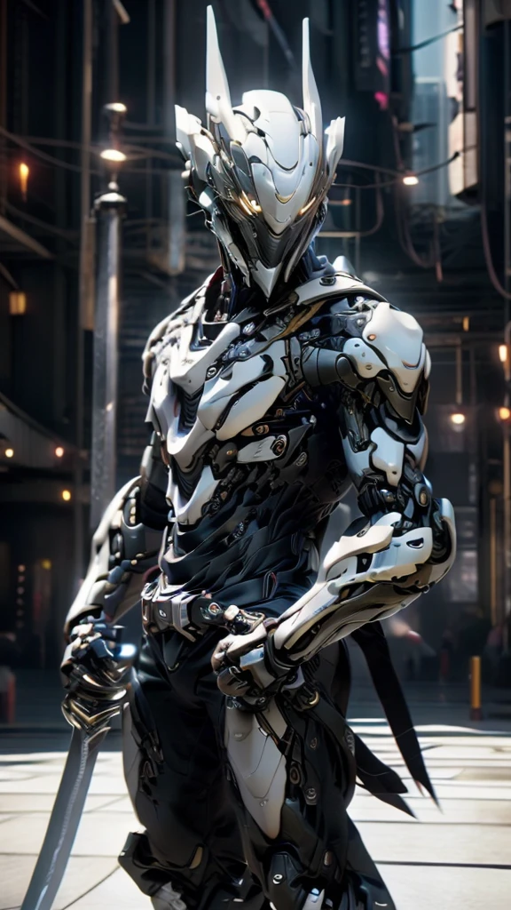 1man, robot, samurai, sword, carrying a sword, stand, cyberpunk, attack pose, night full shot, hyper-realistic, cinematic, detailed, hypermaximalist, octane render, unreal engine 5, 8K, portrait, full body, beauty art, shot photography by Wes Anderson, Middle shot portrait, ultra high details, symmetrical eyes, Low light, Cinematic lighting, NVIDIA Iray render, terracotta, ultra high definition, artstation, Smooth, sharp focus, Photorealism, Photography, Realistic Detail, Depth of field, 8k, Full HD, 3d, Super resolution, octane render, award winning photo, shot on Canon DSLR, f/2.8 Long exposure, 25mm, unreal engine