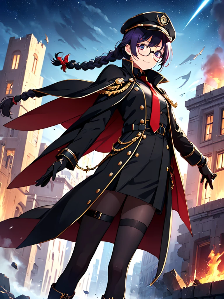 realisitic, City Deserted, Pile of rubble, Brick building, a one woman (18 years old, far away blackw hair, far away slits, Eyes red, glare eyes, 精致的面容, standing (In floor, feet shoulder-width apart), Lolita style military uniform (blackw base, Red Insert, golden decoration, volantes, wide sleeves, dainty and delicate detailing armors), blackw far away gloves (blackw, Red Insert, golden decoration, small hands, armors), blackw far away gloves, knee high boots (blackw, high-heels, red soles), ha (blackw, aba dourada, shield emblem, delicate details), arms in front, Front of belly, Holding military swords with both hands (blackw, golden decoration, delicate detail, Handle at the top, Ground-facing blade, in front of the body, far away), night sky (blackw, stele, Increased flames and smoke) Pale painting style, One Girl, super high quality, Super Detail, Super Detailed image, long hair, looking at viewer, skirt, shirt, hair ornament, violet eyes, gloves, round glasses, long sleeves, hat, closed mouth, jacket, violet hair, braid, open clothes, necktie, black gloves, black skirt, uniform, single braid, open jacket, black jacket, black headwear, 手链, peaked cap, black necktie, cropped jacket, military hat, pantyhose, Flat Chest, smile, Black Cape