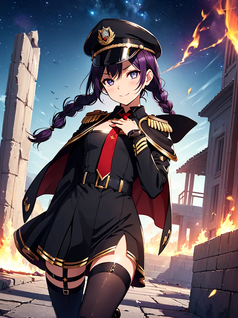 realisitic, City Deserted, Pile of rubble, Brick building, a one woman (18 years old, far away blackw hair, far away slits, Eyes red, glare eyes, 精致的面容, standing (In floor, feet shoulder-width apart), Lolita style military uniform (blackw base, Red Insert, golden decoration, volantes, wide sleeves, dainty and delicate detailing armors), blackw far away gloves (blackw, Red Insert, golden decoration, small hands, armors), blackw far away gloves, knee high boots (blackw, high-heels, red soles), ha (blackw, aba dourada, shield emblem, delicate details), arms in front, Front of belly, Holding military swords with both hands (blackw, golden decoration, delicate detail, Handle at the top, Ground-facing blade, in front of the body, far away), night sky (blackw, stele, Increased flames and smoke) Pale painting style, One Girl, super high quality, Super Detail, Super Detailed image, long hair, looking at viewer, skirt, shirt, hair ornament, violet eyes, gloves, round glasses, long sleeves, hat, closed mouth, jacket, violet hair, braid, open clothes, necktie, black gloves, black skirt, uniform, single braid, open jacket, black jacket, black headwear, 手链, peaked cap, black necktie, cropped jacket, military hat, pantyhose, Flat Chest, smile, Black Cape