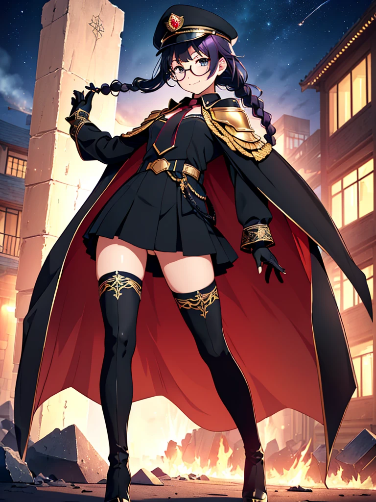 realisitic, City Deserted, Pile of rubble, Brick building, a one woman (18 years old, far away blackw hair, far away slits, Eyes red, glare eyes, 精致的面容, standing (In floor, feet shoulder-width apart), Lolita style military uniform (blackw base, Red Insert, golden decoration, volantes, wide sleeves, dainty and delicate detailing armors), blackw far away gloves (blackw, Red Insert, golden decoration, small hands, armors), blackw far away gloves, knee high boots (blackw, high-heels, red soles), ha (blackw, aba dourada, shield emblem, delicate details), arms in front, Front of belly, Holding military swords with both hands (blackw, golden decoration, delicate detail, Handle at the top, Ground-facing blade, in front of the body, far away), night sky (blackw, stele, Increased flames and smoke) Pale painting style, One Girl, super high quality, Super Detail, Super Detailed image, long hair, looking at viewer, skirt, shirt, hair ornament, violet eyes, gloves, round glasses, long sleeves, hat, closed mouth, jacket, violet hair, braid, open clothes, necktie, black gloves, black skirt, uniform, single braid, open jacket, black jacket, black headwear, 手链, peaked cap, black necktie, cropped jacket, military hat, pantyhose, Flat Chest, smile, Black Cape