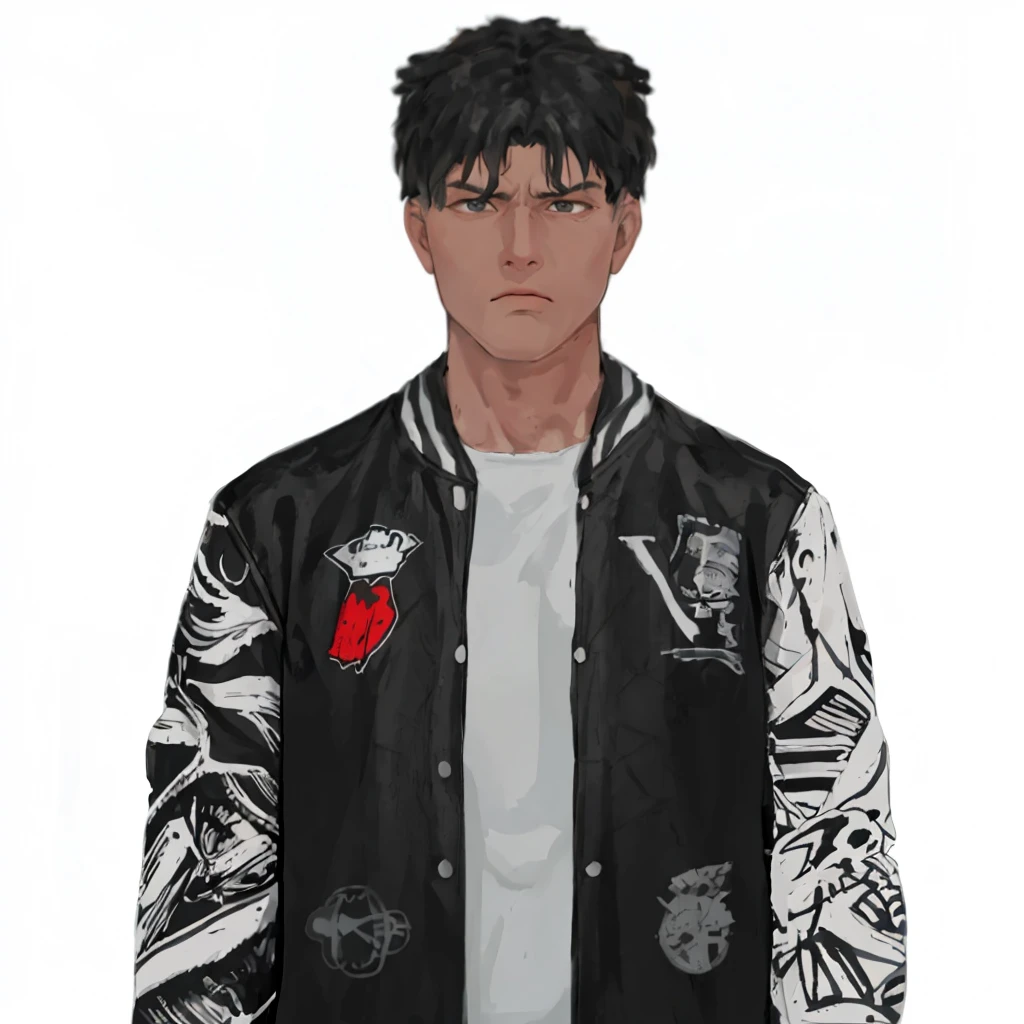 (masterpiece:1.2, best quality), (1men, solo, upper body:1.2),angry face,Hair: buzz cut,Clothing: oversized, distressed denim jacket with patches and pins, paired with black skinny jeans and combat boots, Hanging out in an underground music venue or street art exhibit