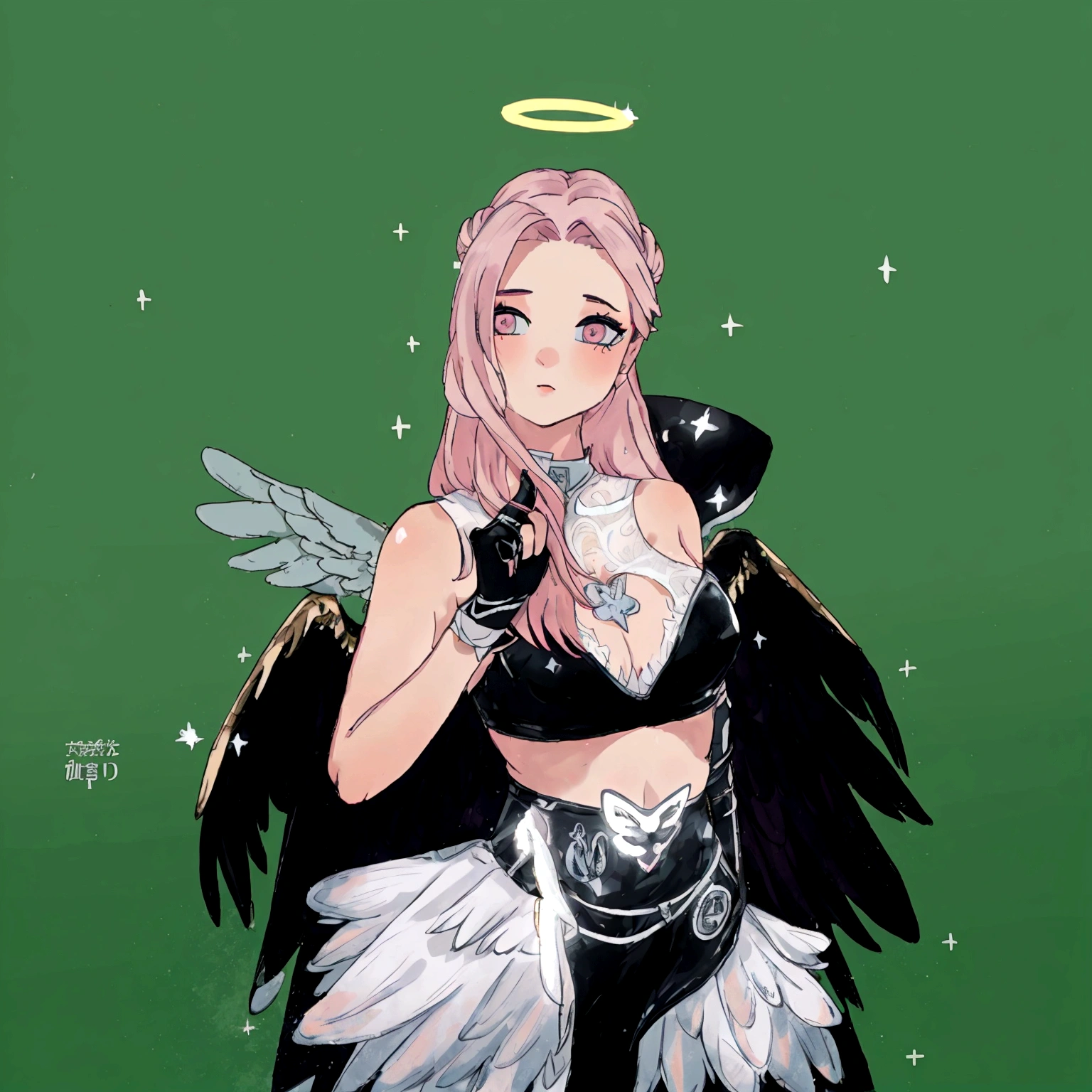 there is a woman with pink hair and angel wings posing, wearing angel halo, young wan angel, full - body majestic angel, wearing angel, villainess has black angel wings, angelic halo, angel halo, angel knight girl, as a mystical valkyrie, of an beautiful angel girl, kda, epic angel wings, npc with a saint's halo, angel knight gothic girl